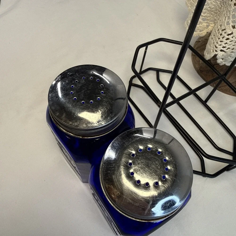Vtg COBALT BLUE Glass Range SALT & PEPPER Square Shaker Set Art Deco w Holder